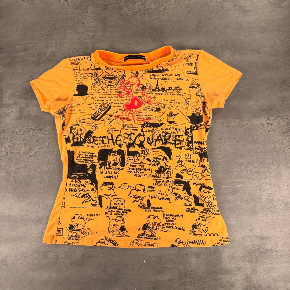Vintage MFG Marithe Francois Girbaud T-Shirt Womens XS French Comic Strip Orange